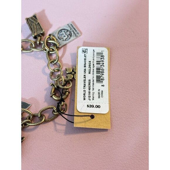 Patrica Nash Antique Gold USA & UK Travel Charm Etched Metal Chain Link Bracelet - Picture 6 of 6